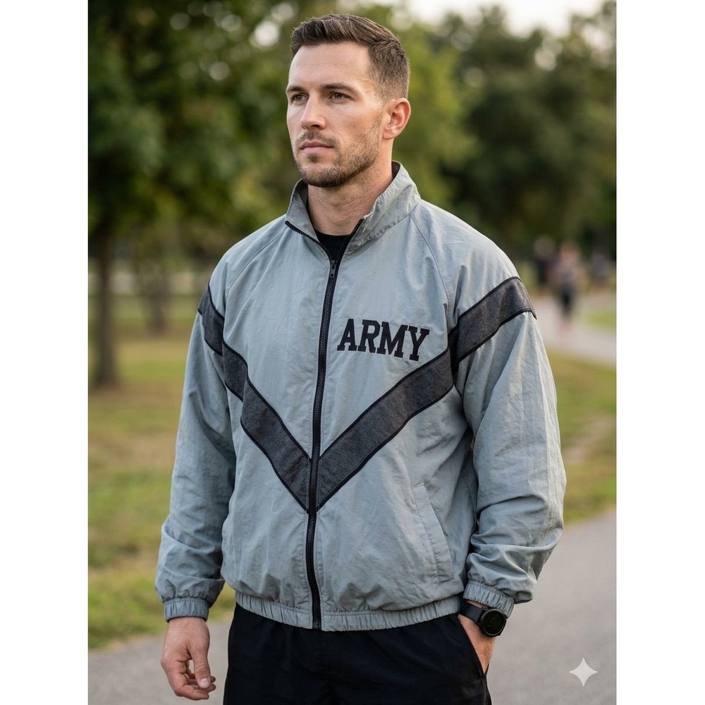 US Army IPFU PT Jacket Gray Nylon Windbreaker M Regular 8415-01-465-4832 VTG